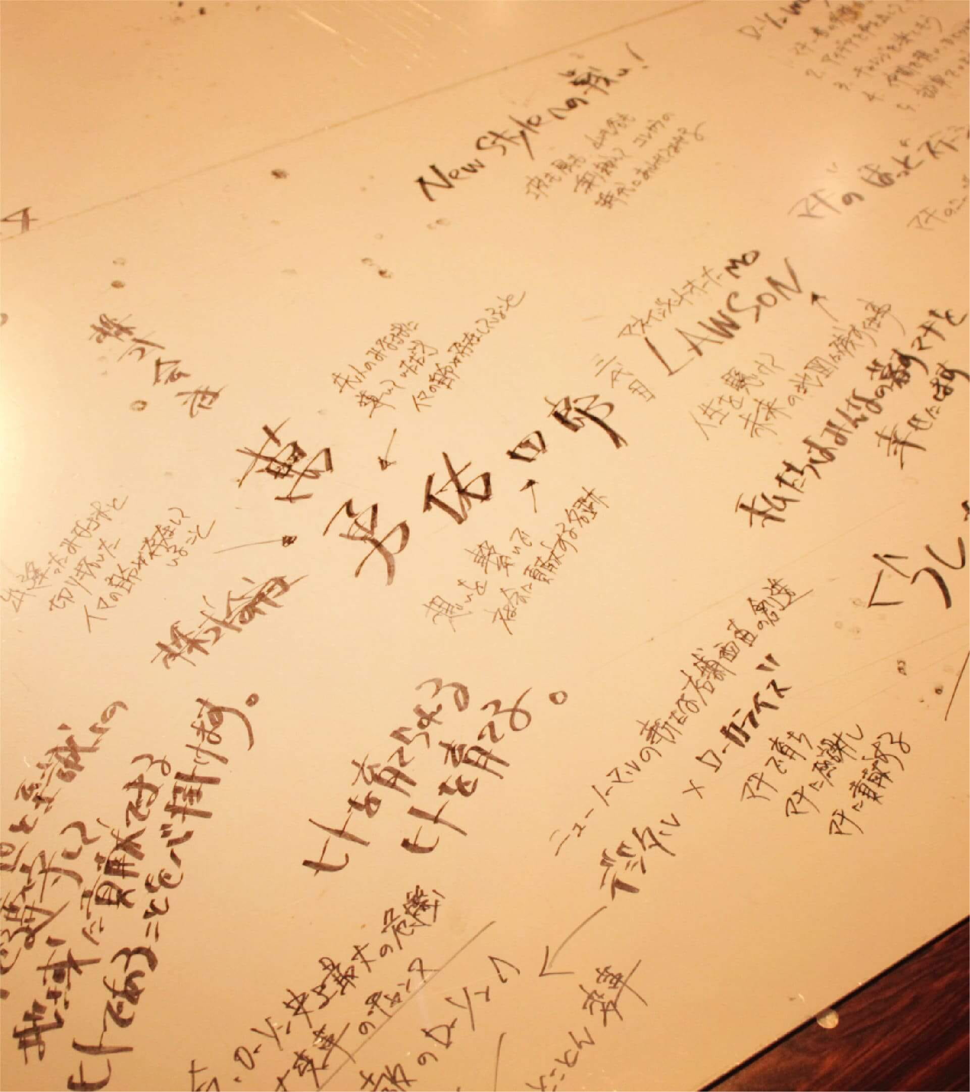黒いペンで自由に書き込まれたアイデアやスローガンの数々